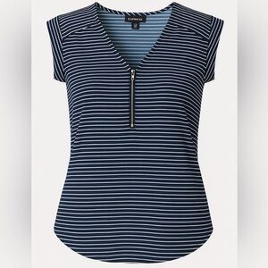 Express Navy & White Striped‎ Zip-Front Blouse with Cap Sleeves Size M